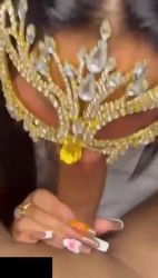 Handjob and deepthroat with golden mask in red lingerie
